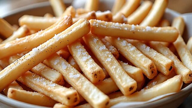 Freshly cooked delicious french fry in bowl with salt. Fast food or snack for restaurant menu and home cooking concept.