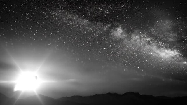 A gleaming metallic object streaks across a starry night sky above shadowed mountains