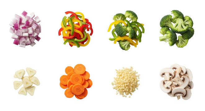 Sliced and chopped fresh vegetables isolated on white background