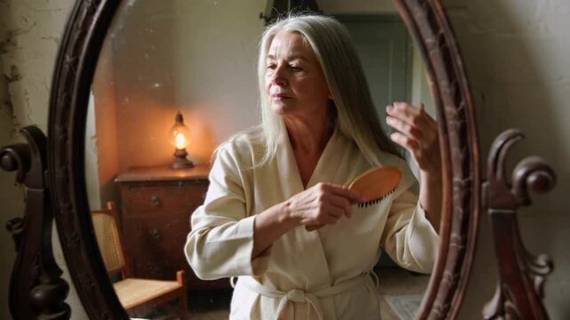 Brushing senior in light robe seeing self at vanity mirror, smoothing hair and preparing with brush
