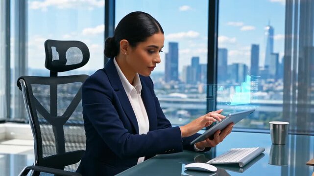 Professional woman using a digital tablet in a modern office with a panoramic view of the city skyline and interactive data graphics