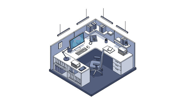 Compact and efficient office cubicle design with a computer, filing cabinets, desk organization tools, and bright overhead lighting.