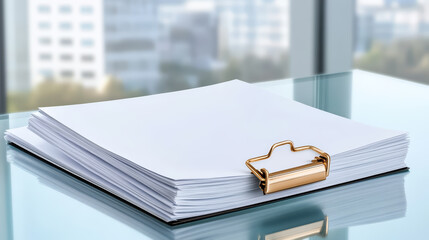 Binder clip paper glass desk office document stack metal stationary modern organization. stack of white paper held together by metal binder clip sits glass desk modern office creating clean