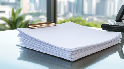 Stack of white paper held by metal binder clip on glass desk in modern office with city view, natural light, and calm atmosphere