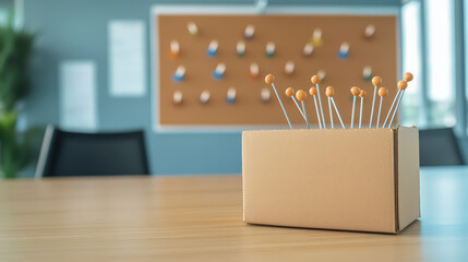 Box of thumbtacks on wooden office table with blurred corkboard and chairs in background, modern workspace, organized, bright, productive atmosphere