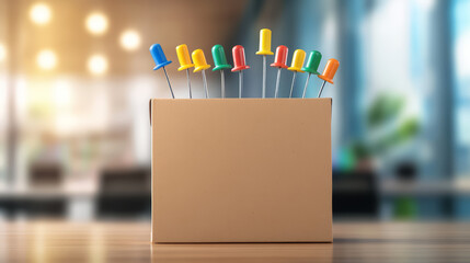 Box of colorful thumbtacks on wooden desk in modern office, sunlight streaming through windows, creative and organized workspace atmosphere, productivity and focus