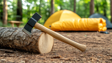 Axe log camping forest tent outdoor wood tool nature adventure. Axe embedded in log at forest campsite with yellow tent and sleeping bag in background evoking sense of adventure and tranquility