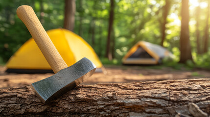 Axe log camping tent forest outdoor wood tool nature sunlight. Close up of camping axe embedded in log with yellow tents in sunlit forest evoking adventure and tranquility