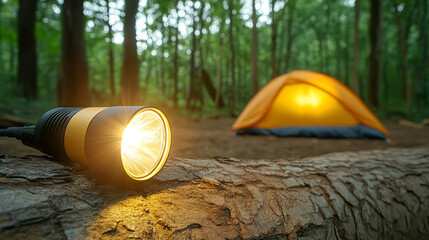 Close up of camping headlamp glowing on log in forest with yellow tent in background, creating peaceful outdoor adventure atmosphere