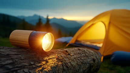 Camping headlamp log glowing outdoor tent forest evening mountain adventure travel. glowing camping headlamp rests log near tent forested mountain area sunset creating peaceful outdoor atmosphere