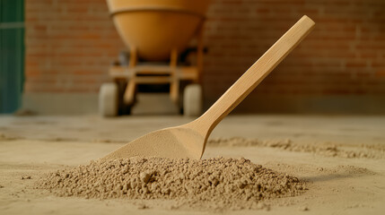Wooden cement mixing paddle rests on pile of dry cement powder in construction site, with blurred concrete mixer and brick wall in background, evoking sense of industry