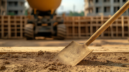 Shovel resting on sandy ground at construction site, with blurred building structures and construction vehicle in background, evoking sense of hard work and progress