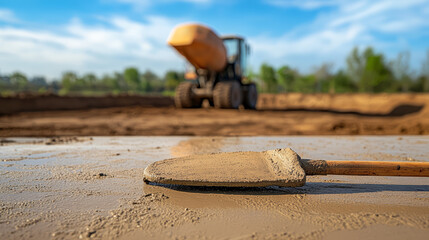 Shovel covered in wet cement lying on smooth concrete surface at construction site, with blurred cement mixer and green trees in background under blue sky