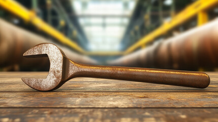 Heavy duty wrench metal tool placed on wooden workbench in industrial factory blurred background rustic mechanical construction maintenance strong durable