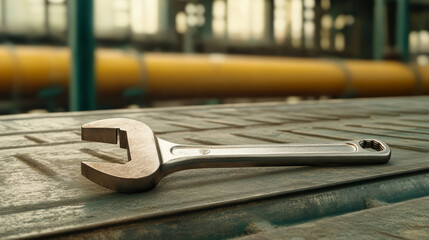 Heavy duty wrench metal workbench industrial tool silver adjustable closeup high fidelity construction mechanical equipment workshop maintenance steel repair engineering machinery hand tool