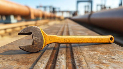 Heavy duty wrench on metal workbench with industrial background, tool showing signs of use, focus on construction and maintenance, warm sunlight, outdoor setting