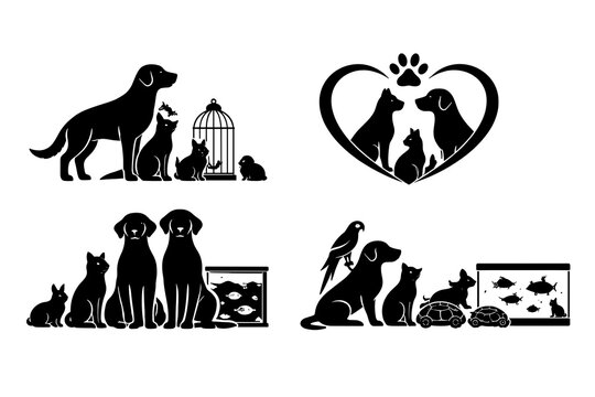 Black pet silhouette scenes with dog, cats, rabbit and bird near cage, plus fish tank and turtles. Concept of friendly multi‑pet family, home harmony and companionship. Pet services theme.