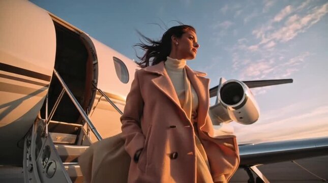 Elegant woman in stylish coat disembarking a private jet at sunset, embodying luxury travel and sophisticated lifestyle