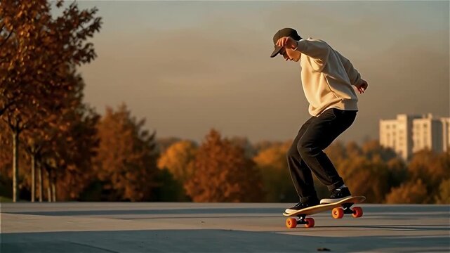 A skateboarder performing tricks in a park during sunset, surrounded by autumn foliage and golden hour light