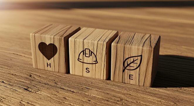 Wooden blocks clearly display the three core components of the essential concept known as HSE management strategy