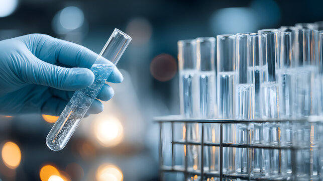 Laboratory medical research scene with gloved hand holding test tube near glassware clinical analysis diagnostics science workflow sterile environment and professional healthcare testing