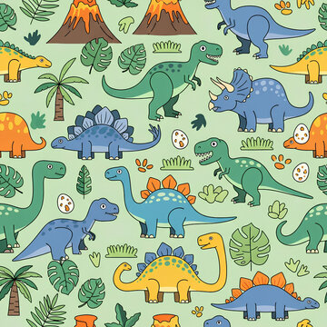 Colorful Dinosaur Pattern with Volcanoes and Tropical Plants.