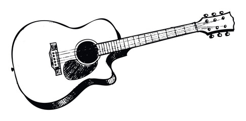 This handdrawn sketch of an acoustic guitar captures a vintage and grunge aesthetic, perfect for musicthemed projects, entertainment graphics, album cover designs, and artistic promotional