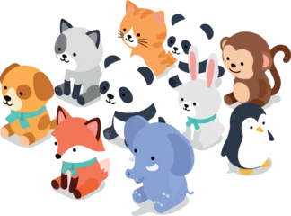Fotobehang Zoo Collection of various cartoon animals including dog, cat, fox, rabbit, elephant, penguin and monkey in a playful illustration  © Chico Store