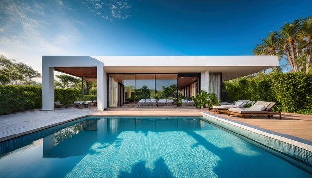 an image of a swimming pool in front of a modern luxury house the picture is taken at a hotel resort or villa