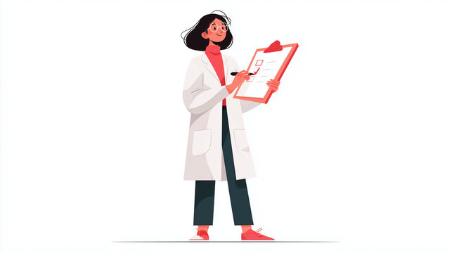 female doctor character illustration with clipboard and check mark, 2d flat style medical professional holding medical records, smiling healthcare worker in white coat isolated on white
