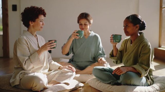 Steam rising, three women raising, sipping mugs on floor cushions in sunlit room, relaxing in robes