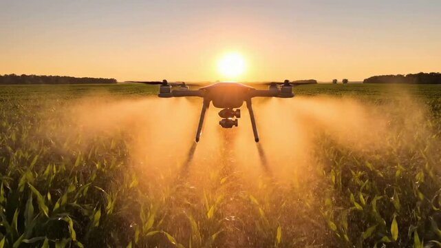 Aerial drone with precision gimbal camera hovering low over lush green agricultural field during golden hour sunset spraying crops with precision agriculture technology in action