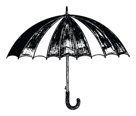 Classic hand drawn umbrella with distressed black and white stripes providing a rustic and weathered look perfect for weatherrelated announcements or vintage themed marketing campaigns