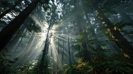Obraz premium Sunlight breaks through trees in a dense forest during early morning