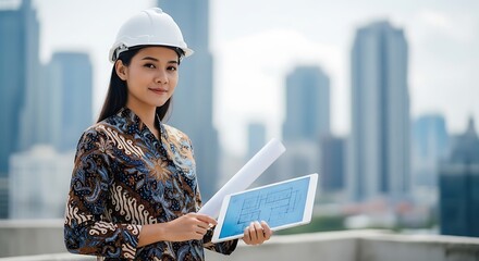 Southeast Asian female architect wearing batik reviewing blueprints with tablet