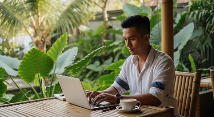 Male digital nomad working on laptop in tropical Bali cafe