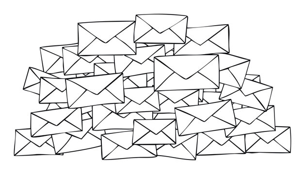 A large pile of handdrawn envelopes creating a visual representation of overwhelming communication, suitable for concepts related to mail, communication, or business