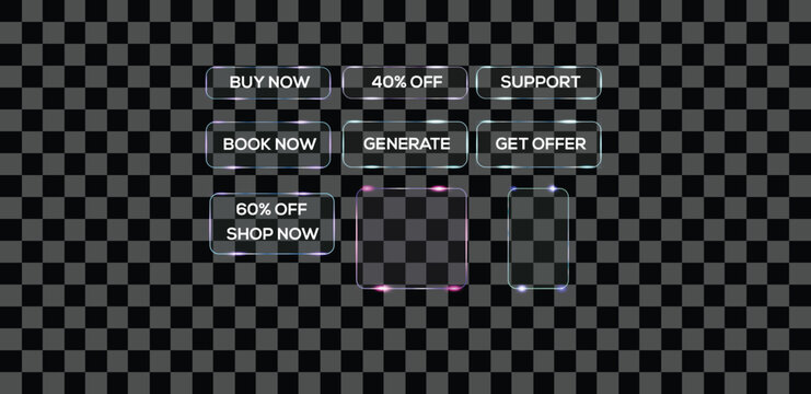 Neon glass button UI set representing call to action elements, discount offers, ecommerce interface and modern website app design concept.
