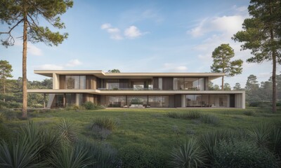 Obraz premium Modern two-story home with large windows set in lush landscape