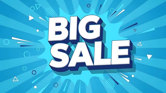 A bold "BIG SALE" text effect on a blue burst backdrop with geometric shapes