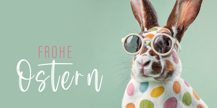 Frohe Ostern Konzept, Ferien Feiertag Gru&szlig;karte, Karte mit deutschem Text - Lustiger Osterhase Feldhase Hase mit Sonnenbrille und bunten Ostereiern, isoliert auf gr&uuml;nem Hintergrund