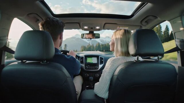 Noticing mountain road, passenger turning to driver and speaking while driver steering, map visible