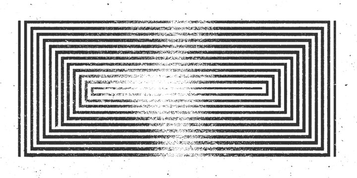 Black and white concentric rectangular maze pattern with distressed texture geometric