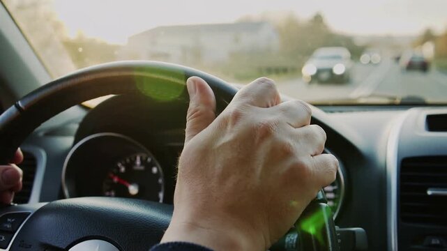 Reacting to glare, driver in dark sleeves adjusting wheel grip, keeping lane on suburban road