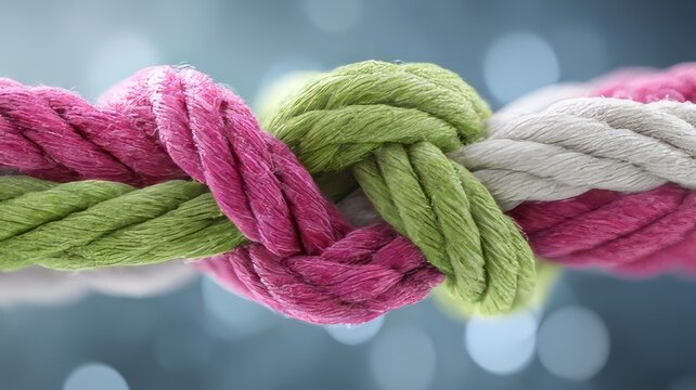 Close up of three brightly colored thick nautical ropes securely knotted together demonstrating strength unity and connection against a soft blue background