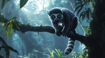 Fototapeta premium Majestic ring-tailed lemur perched on branch in lush rainforest