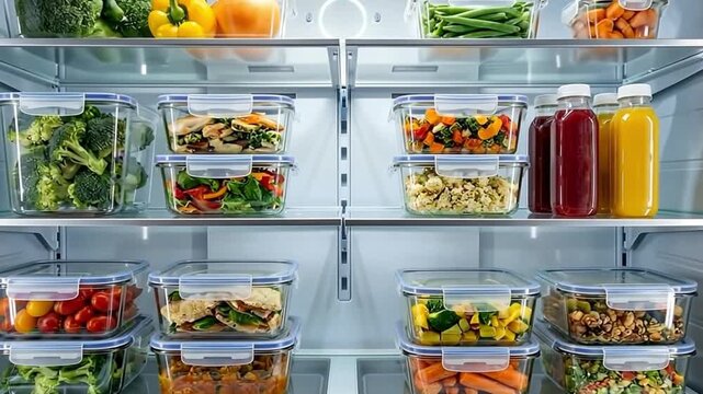 Organized refrigerator filled with various fresh healthy meal prep containers and colorful juices for healthy eating