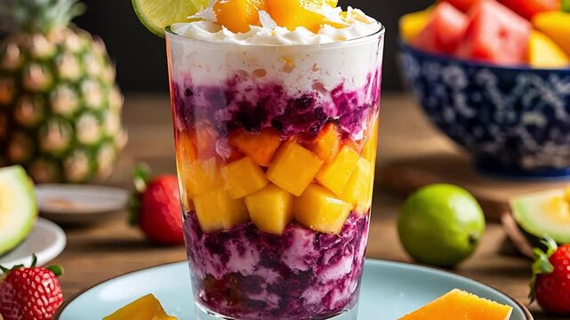 Tropical fruit parfait with whipped cream, mango, and berry layers in a glass, surrounded by fresh fruits and a lime slice.