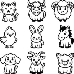 Fototapeta premium Cute farm animal cartoon icon set featuring cat, cow, sheep, chicken, rabbit, horse, dog, goat and pig, perfect for kids design, education, stickers, and illustrations.