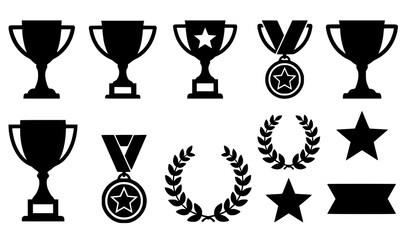 Trophy Cup and Medal Award Silhouette Vector Icons Set